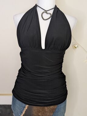 Vintage Black Halter Plunge Ruched Tank